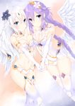  :o angel_wings aqua_eyes asymmetrical_docking black_heart braid breast_press breasts bustier circlet cleavage closed_mouth colored_eyelashes detached_collar elbow_gloves feathered_wings flower four_goddesses_online:_cyber_dimension_neptune garter_belt gem gloves hair_between_eyes hair_flower hair_ornament highres holding_hands jewelry long_hair looking_at_viewer medium_breasts multiple_girls navel neptune_(series) parted_lips purple_eyes purple_hair purple_heart revealing_clothes see-through shikapiro smile standing stomach symbol-shaped_pupils thighhighs twin_braids very_long_hair white_gloves white_hair white_legwear white_wings wings 