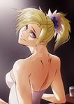  back bare_shoulders blonde_hair blue_eyes closed_mouth cup dress drewz92 drinking_glass eyelashes from_behind glass hair_ornament hair_scrunchie head_tilt highres looking_at_viewer looking_back mercy_(overwatch) overwatch ponytail scrunchie shaft_look short_hair shoulder_blades smile solo strapless strapless_dress table upper_body watermark white_dress 