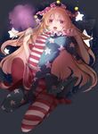  american_flag_dress american_flag_legwear blonde_hair breasts clownpiece dress fairy_wings fangs fire full_body hat highres jester_cap jpeg_artifacts long_hair looking_at_viewer neck_ruff nukominto open_mouth pantyhose pink_eyes polka_dot short_dress short_sleeves simple_background small_breasts solo star star_print striped striped_legwear teeth torch touhou wings 