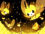  antennae basket brown_scarf bug cutiefly field flower flower_field flying gen_7_pokemon holding insect insect_wings miru_(ao0203) no_humans open_mouth outdoors petals pokemon pokemon_(creature) ribombee scarf smile sparkling_eyes v_arms wings yellow 