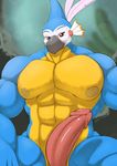  abs anthro areola avian barazoku beak ben300 biceps big_nipples big_penis bird erection feathers looking_at_viewer macaw male manly muscular nipples parrot pecs penis smile solo thick_penis thick_thighs 