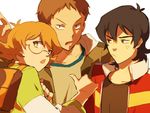  2boys anger_vein backpack bag black_hair brown_eyes brown_hair flipped_hair glasses hood hoodie hyakujuu-ou_golion jacket kaemonn keith_(voltron) lance_(voltron) mullet multiple_boys open_clothes open_jacket orange_hair pidge_gunderson pointing pointing_at_self reverse_trap semi-rimless_eyewear simple_background under-rim_eyewear upper_body voltron:_legendary_defender white_background 