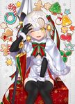  bangs bell between_legs black_legwear blonde_hair blush bra candy candy_cane cookie eyebrows_visible_through_hair fate/grand_order fate_(series) food gift gingerbread_cookie gingerbread_man hand_between_legs headpiece holly jeanne_d'arc_(fate)_(all) jeanne_d'arc_alter_santa_lily knees_together_feet_apart knees_touching lance looking_at_viewer navel nekotawawa one_eye_closed open_mouth polearm ribbon short_hair sitting smile snowflakes solo thighhighs thighs underwear weapon yellow_eyes 