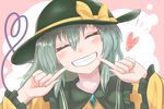  ayoan_(oh)3 blush closed_eyes green_hair grin hat heart heart_of_string komeiji_koishi long_sleeves smile solo touhou 