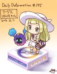  bag blonde_hair braid chibi cosmog dress duffel_bag faux_figurine fushigi_ebi gen_7_pokemon green_eyes hat isometric lillie_(pokemon) long_hair pokemon pokemon_(creature) pokemon_(game) pokemon_sm sleeveless sleeveless_dress sun_hat twin_braids white_dress white_hat 