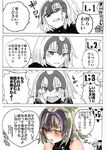  3girls 4koma absurdres araido_kagiri armor armored_dress artoria_pendragon_(all) blonde_hair blush comic emphasis_lines fate/apocrypha fate/grand_order fate_(series) flag gauntlets headpiece highres jeanne_d'arc_(alter)_(fate) jeanne_d'arc_(fate)_(all) jeanne_d'arc_alter_santa_lily long_hair multiple_girls open_mouth partially_colored saber_alter santa_alter speech_bubble spoken_ellipsis sweatdrop translated tsundere yellow_eyes 