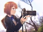  bow brown_eyes brown_hair camera glasses itou_(onsoku_tassha) original seifuku short_hair 