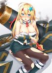  ahoge armor bad_id bad_pixiv_id bare_shoulders belt black_legwear blonde_hair blue_eyes blush bow breasts cannon cleavage commentary_request dabadhi goryoukaku_(oshiro_project) hair_between_eyes hair_bow hair_ornament headband highres japanese_armor kote large_breasts long_hair looking_at_viewer low-tied_long_hair navel nose_blush open_mouth oshiro_project oshiro_project_re panties panties_under_pantyhose pantyhose red_bow sidelocks solo star star_hair_ornament tears torn_clothes torn_legwear underwear very_long_hair 