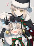  artoria_pendragon_(all) black_gloves black_santa_costume blonde_hair elbow_gloves fate/grand_order fate_(series) gloves hair_ribbon hat headpiece jeanne_d'arc_(fate)_(all) jeanne_d'arc_alter_santa_lily long_hair multiple_girls munuko ribbon saber_alter santa_alter santa_costume santa_hat 