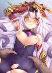  arm_up blush breasts breasts_outside commentary_request covered_navel gauntlets granblue_fantasy hat hetero implied_sex long_hair looking_at_viewer lying medium_breasts medusa_(shingeki_no_bahamut) nipples on_back out-of-frame_censoring revision shingeki_no_bahamut solo_focus tears torn_clothes waero yellow_eyes 