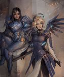  alternate_color black_hair blonde_hair dark_skin facial_tattoo highres jpeg_artifacts looking_at_viewer matilda_vin md5_mismatch mechanical_halo mechanical_wings mercy_(overwatch) multiple_girls overwatch pantyhose pharah_(overwatch) power_armor sitting smile staff tattoo wings 