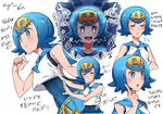  blue_eyes blue_hair blue_pants blue_sailor_collar blush bright_pupils character_sheet gen_7_pokemon geroro44 hairband one-piece_swimsuit pants pokemon pokemon_(creature) pokemon_(game) pokemon_sm sailor_collar short_hair sleeveless suiren_(pokemon) swimsuit swimsuit_under_clothes translated trial_captain wishiwashi z-move 
