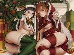  2girls antlers arm_support arm_up armpits artist_name ass asuna_(sao) bag bell bikini black_bikini black_hair blue_eyes bow box breasts brown_eyes brown_hair cape capelet christmas closed_mouth commentary_request elbow_gloves fur-trimmed_cape fur-trimmed_capelet fur-trimmed_gloves fur-trimmed_hat fur-trimmed_legwear fur_trim gift gift_box gloves green_capelet green_gloves green_hat green_legwear hair_ornament hairclip hat hat_ribbon holding holding_bag hood hood_up hooded_cape indoors jingle_bell kirigaya_suguha leaning_to_the_side letdie1414 long_hair looking_at_viewer medium_breasts mistletoe multiple_girls nearly_naked_ribbon patreon_username pom_pom_(clothes) red_cape red_ribbon ribbon santa_hat shiny shiny_clothes striped striped_bow striped_ribbon swimsuit sword_art_online thighhighs watermark web_address yellow_bow yellow_ribbon 