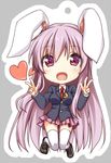  animal_ears blazer blouse breasts bunny_ears bunny_tail chibi double_v grey_background jacket kue lavender_hair long_hair medium_breasts necktie open_mouth pleated_skirt purple_hair red_eyes red_neckwear reisen_udongein_inaba shirt simple_background skirt solo tail touhou v very_long_hair 