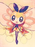 aije antennae blush brown_scarf bug feet_together flower gen_7_pokemon hands_together insect insect_wings looking_at_viewer no_humans open_mouth pokemon pokemon_(creature) ribombee scarf smile solo sparkling_eyes wings 
