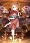  1girl armchair artist_request black_shoes book braid breasts chair chin_rest cleavage dress french_braid full_body large_breasts legs_crossed long_dress orange_hair priscilla_barielle re:zero_kara_hajimeru_isekai_seikatsu red_dress red_eyes ribbon scrunchie shoes side_ponytail sidelocks sitting smile solo wide_sleeves 