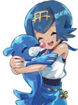  :d ^_^ bangs blue_pants blue_sailor_collar closed_eyes crop_top gen_7_pokemon hair_between_eyes hug koutetsu_(fe_steel_stone) one-piece_swimsuit open_mouth pants pokemon pokemon_(creature) pokemon_(game) pokemon_sm popplio protected_link sailor_collar shirt short_hair simple_background sleeveless sleeveless_shirt smile solo suiren_(pokemon) swimsuit swimsuit_under_clothes teeth trial_captain white_background 