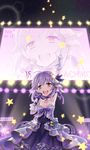  :d arm_ribbon arm_up brown_eyes character_name choker collarbone crowd dress frills gloves glowstick hair_ornament highres holding holding_microphone idol idolmaster idolmaster_cinderella_girls index_finger_raised koshimizu_sachiko looking_at_viewer microphone night night_sky open_mouth pinky_out purple_hair ribbon ribbon_choker screen short_hair sky smile solo stage_lights star star_(sky) star_hair_ornament starry_sky strapless strapless_dress white_gloves zn_(zzzzzni) zoom_layer 