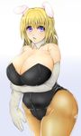  1girl animal_ears bare_shoulders blonde_hair blush breasts bunny_ears cleavage erect_nipples huge_breasts kumahachi long_hair looking_at_viewer open_mouth original pantyhose plump purple_eyes solo thick_thighs wide_hips 