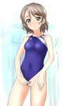  1girl blue_eyes blush breasts brown_hair competition_swimsuit female looking_at_viewer love_live! love_live!_school_idol_project love_live!_sunshine!! one-piece_swimsuit open_mouth parted_lips pubic_hair pussy short_hair solo standing sweatdrop swimsuit swimsuit_aside takafumi uncensored watanabe_you 