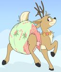  antlers bell blush brown_eyes brown_fur candy candy_cane cervine collar diaper feral food fur hooves horn kurikia male mammal mistletoe plant raising_leg reindeer simple_background smile solo standing 