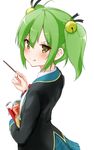  :3 :q aeoso ahoge arched_back bangs bell black_ribbon blazer blush eyebrows_visible_through_hair food from_side gj-bu green_eyes green_hair hair_bell hair_ornament hair_ribbon holding holding_food jacket jingle_bell kannazuki_tamaki long_sleeves looking_at_viewer looking_to_the_side packet plaid plaid_skirt pleated_skirt pocky ribbon school_uniform simple_background skirt solo tongue tongue_out twintails v-shaped_eyebrows white_background 