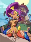  1boy 1girl blue_eyes breasts choker clothed_sex earrings edit forehead_jewel girl_on_top harem_pants hetero highres nipples noq open_mouth photoshop pointy_ears pubic_hair purple_hair pussy pussy_juice reverse_cowgirl_position sex shantae shantae_(character) single_eye straddling sweat teardrop tiara uncensored vaginal very_long_hair vest waist_grab 