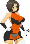  1girl ahoge black_hair bodysuit breasts clothed_navel cosplay covered_navel gauntlets honchan nchallenge nchans pixel_art simple_background solo thighhighs warner 