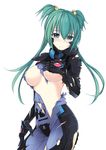  absurdres blue_eyes bodysuit breasts covering_nipples cowboy_shot cui_yifei green_hair hair_between_eyes hair_bobbles hair_ornament hand_on_leg highres long_hair looking_at_viewer medium_breasts muvluv muvluv_alternative muvluv_total_eclipse nipples simple_background solo tears torn_bodysuit torn_clothes twintails white_background 