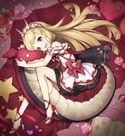  :d bangs blonde_hair book bottle bow cagliostro_(granblue_fantasy) character_doll crown dress eyebrows_visible_through_hair flower frills gem granblue_fantasy hairband heart heart_pillow high_heels long_hair looking_at_viewer lying object_hug on_side open_mouth open_toe_shoes ouroboros_(granblue_fantasy) perfume_bottle petals pillow pink_flower pink_rose purple_eyes ribbon rose shoes smile solo star stuffed_animal stuffed_dragon stuffed_toy white_dress zn_(zzzzzni) 