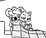  2016 anthro bedding black_and_white blanket book clancy_(inkyfrog) clothed clothing cute_fangs disney duo fan_character half-closed_eyes inkyfrog koala male mammal marsupial monochrome mustelid percy_vison polecat quilt reading sewing simple_background sitting white_background zootopia 