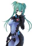  absurdres armor armored_dress bell blue_eyes bodysuit breast_hold breasts cosmicsnic covered_navel cui_yifei grabbing green_hair hair_bell hair_ornament hands_on_hips highres long_hair looking_at_viewer md5_mismatch mecha medium_breasts muvluv muvluv_alternative muvluv_total_eclipse pilot_suit shy side_ponytail smile solo standing tail twintails white_background 