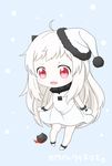  :d ahoge blue_background chibi dress enemy_aircraft_(kantai_collection) hat highres horns kantai_collection long_hair looking_at_viewer mittens northern_ocean_hime open_mouth red_eyes santa_hat shinkaisei-kan simple_background smile solo tomohiro_(39tomo39) translated white_dress white_hair white_skin 
