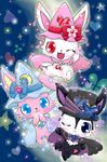  &lt;3 abstract arthropod black_fur blue_eyes blush butterfly cape cherry_blossom chest_tuft cindy_ruby_luea clothing cute flower fur insect invalid_background jewelpet lagomorph luea_(jewelpet) luna_(jewelpet) mage_robes mammal moon one_eye_closed pink_fur plant rabbit red_eyes rose ruby_(jewelpet) star tuft white_fur wink witch_clothing 