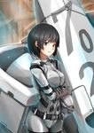  black_hair bodysuit breasts brown_eyes flyingfish-mat gloves headwear_removed helmet helmet_removed hoshijiro_shizuka large_breasts light_rays short_hair sidonia_no_kishi smile solo 