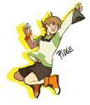  arm_up black_shorts boots brown_eyes brown_hair character_name clenched_hand drop_shadow hyakujuu-ou_golion jumping kaemonn long_sleeves pidge_gunderson reverse_trap shorts simple_background smile solo voltron:_legendary_defender white_background 