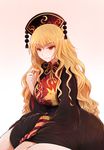  arano_oki black_dress blonde_hair blush breasts dress headdress junko_(touhou) large_breasts long_hair looking_at_viewer playing_with_own_hair red_eyes sitting smile solo tabard touhou wariza wavy_hair 