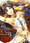  2f_sq armlet bare_shoulders brown_hair crown detached_sleeves earrings fate/grand_order fate_(series) hair_ribbon heavenly_boat_maanna hoop_earrings ishtar_(fate/grand_order) jewelry long_hair lying navel on_back pelvic_curtain ribbon single_sleeve single_thighhigh smile solo thighhighs two_side_up yellow_eyes 