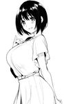  bangs belt blouse blush bob_cut breasts commentary greyscale grin hair_between_eyes hand_on_own_chest idolmaster idolmaster_cinderella_girls jewelry large_breasts looking_at_viewer monochrome necklace parted_lips short_hair short_sleeves skirt smile solo takafuji_kako tomohiro_kai 