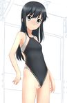  asashio_(kantai_collection) bangs black_hair blue_eyes blush breasts cameltoe cleft_of_venus closed_mouth competition_swimsuit cowboy_shot eyebrows_visible_through_hair highleg highleg_swimsuit highres kantai_collection long_hair looking_at_viewer one-piece_swimsuit pubic_hair pussy small_breasts solo standing swimsuit swimsuit_aside takafumi 
