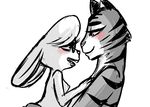  2016 anthro blush breasts disney duo eye_contact eyewear fan_character feline female female/female glasses hand_on_chest inkyfrog lagomorph mammal maxine_d&#039;lapin nipples rabbit restricted_palette side_view simple_background smile stella_(inkyfrog) tiger white_background zootopia 