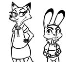  2016 :3 anthro black_and_white bulletproof_vest canine clothed clothing crossgender disney duo female fox hand_on_hip hands_on_hips inkyfrog judy_hopps lagomorph male mammal monochrome nick_wilde police_uniform rabbit simple_background smile standing uniform white_background zootopia 