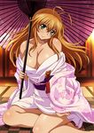  00s 1girl bare_legs breasts female ikkitousen kimono large_breasts long_hair looking_at_viewer no_bra shiny_skin sitting sonsaku_hakufu 