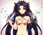  armlet asymmetrical_sleeves bare_shoulders between_fingers bikini bikini_top black_gloves black_hair black_ribbon breasts bridal_gauntlets cleavage closed_mouth collar collarbone crystal earrings elbow_gloves fate/grand_order fate_(series) gem gling gloves gradient gradient_background hair_ribbon hoop_earrings ishtar_(fate/grand_order) jewelry long_hair looking_at_viewer navel red_eyes ribbon single_elbow_glove small_breasts smile stomach swimsuit tia_(cocorosso) tiara two_side_up upper_body very_long_hair white_bikini 