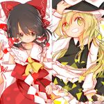  ascot black_hair blonde_hair blush bow braid broom broom_riding brown_eyes detached_sleeves gohei grin hair_bow hakurei_reimu hat kirisame_marisa kosencha large_bow long_hair long_sleeves looking_at_viewer multiple_girls ofuda side_braid single_braid smile split_screen touhou vest witch_hat 