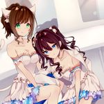  absurdres animal_ears blue_eyes breasts brown_hair cat_ears cinderella_dream dress green_eyes highres ichinose_shiki idolmaster idolmaster_cinderella_girls jewelry long_hair looking_at_viewer maekawa_miku medium_breasts multiple_girls necklace obybuss short_hair smile tail two_side_up 