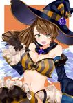  bad_id bad_pixiv_id bare_shoulders beatrix_(granblue_fantasy) breasts brown_hair cleavage collar detached_sleeves frilled_sleeves frills gloves granblue_fantasy green_eyes halloween hat highres long_hair looking_at_viewer medium_breasts navel open_mouth ponytail solo wakutsu witch_hat 