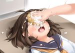  brown_hair commentary_request covered_face cream cream_puff food hands highres in_the_face messy moegi_nenene open_mouth original school_uniform serafuku short_hair solo_focus 