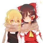  blonde_hair blush bow brown_eyes brown_hair couple covered_mouth detached_sleeves eye_contact frilled_shirt_collar frills hair_bow hair_ornament hair_tubes hairclip hakurei_reimu kirisame_marisa kosencha large_bow long_hair looking_at_another multiple_girls no_hat no_headwear scarf shared_scarf side-by-side skirt skirt_set smile star star_print touhou vest yuri 