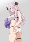  :d adjusting_clothes adjusting_swimsuit ass ball bare_shoulders beachball bikini blue_eyes braid breasts cowboy_shot draph from_behind granblue_fantasy grey_background hair_ornament hair_over_one_eye holding holding_ball horns impossible_clothes impossible_swimsuit large_breasts lavender_hair long_hair looking_at_viewer looking_back narmaya_(granblue_fantasy) nora_higuma open_mouth pointy_ears side_braid sidelocks simple_background smile solo swimsuit thigh_strap twisted_torso white_bikini 